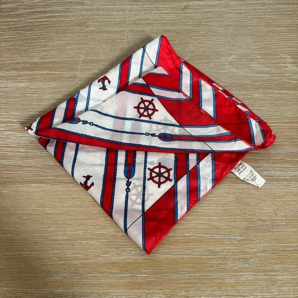Women’s 100% silk red square nautical themed anchor print scarf 17x 23 inches